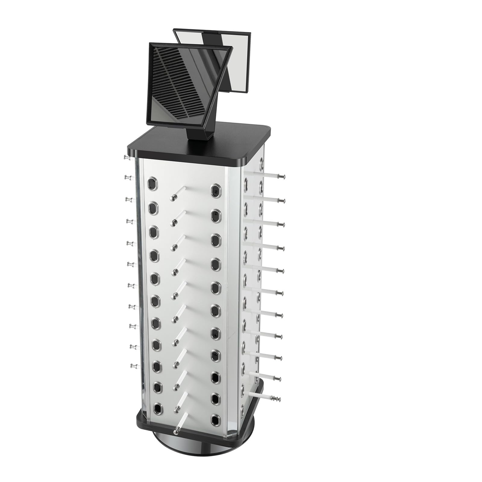 Supporto per occhiali girevole a 360°, supporto verticale per fino a 44 occhiali, con 2 specchi regolabili, per occhiali da sole e display