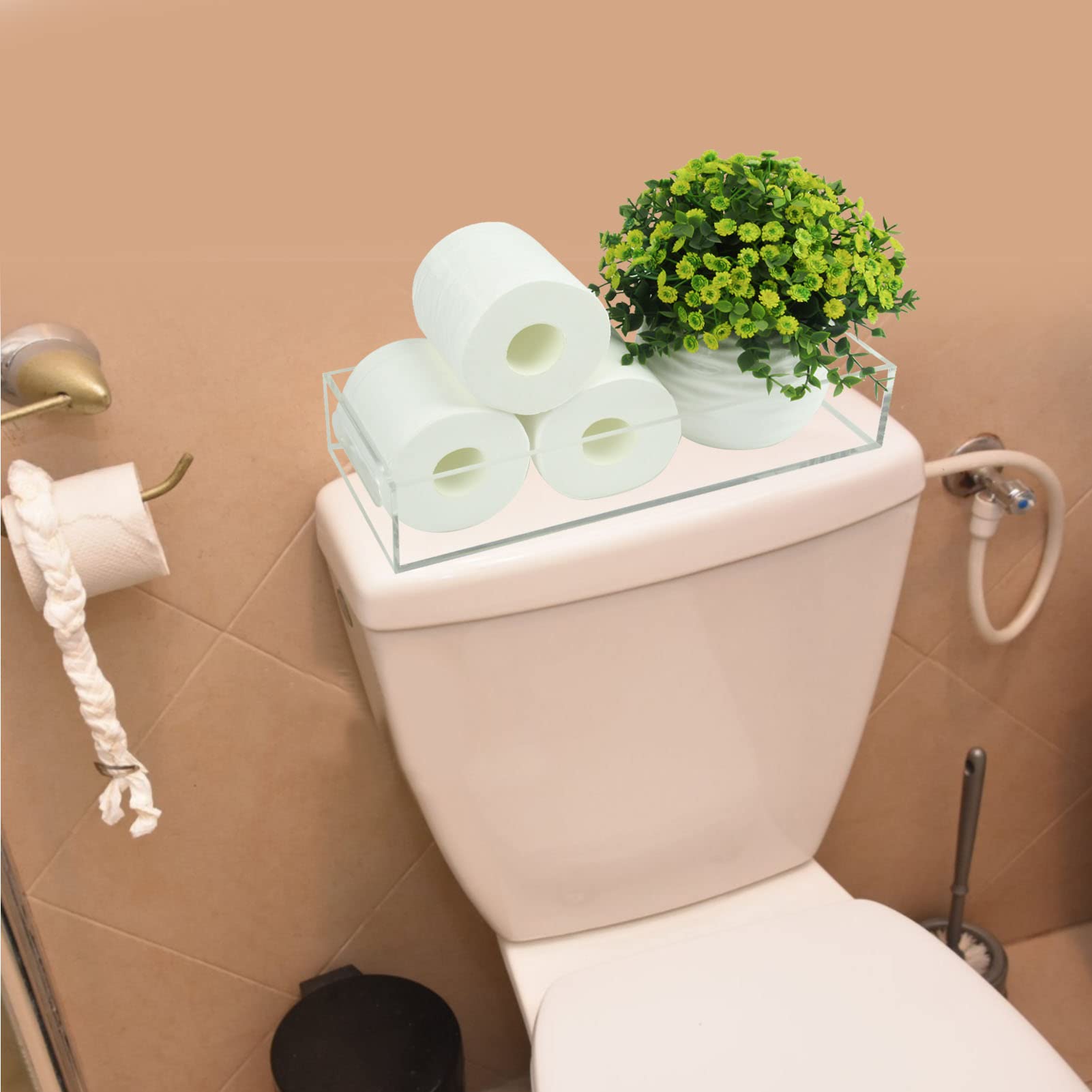 Tasybox Porta carta igienica con contenitore, vassoio in acrilico per WC, vassoi da bagno trasparenti con manici, vassoio per la decorazione domestica