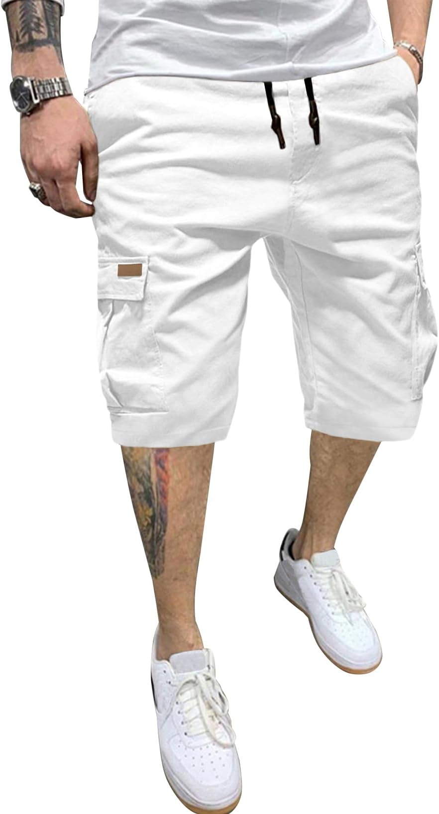Mens Casual Cotton Twill Cargo Shorts Drawstring Classic Chino Stretch Short with 6 Pockets