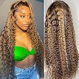 PIBERLO 30 Inch Highlight 13x4 Transparent HD Lace Front Wig Wet and Wavy Human Hair Ombre Honey Blonde Deep Wave Curly Lace Frontal Wigs for Women Pre Plucked with Baby Hair 180% Density P4/27 Color