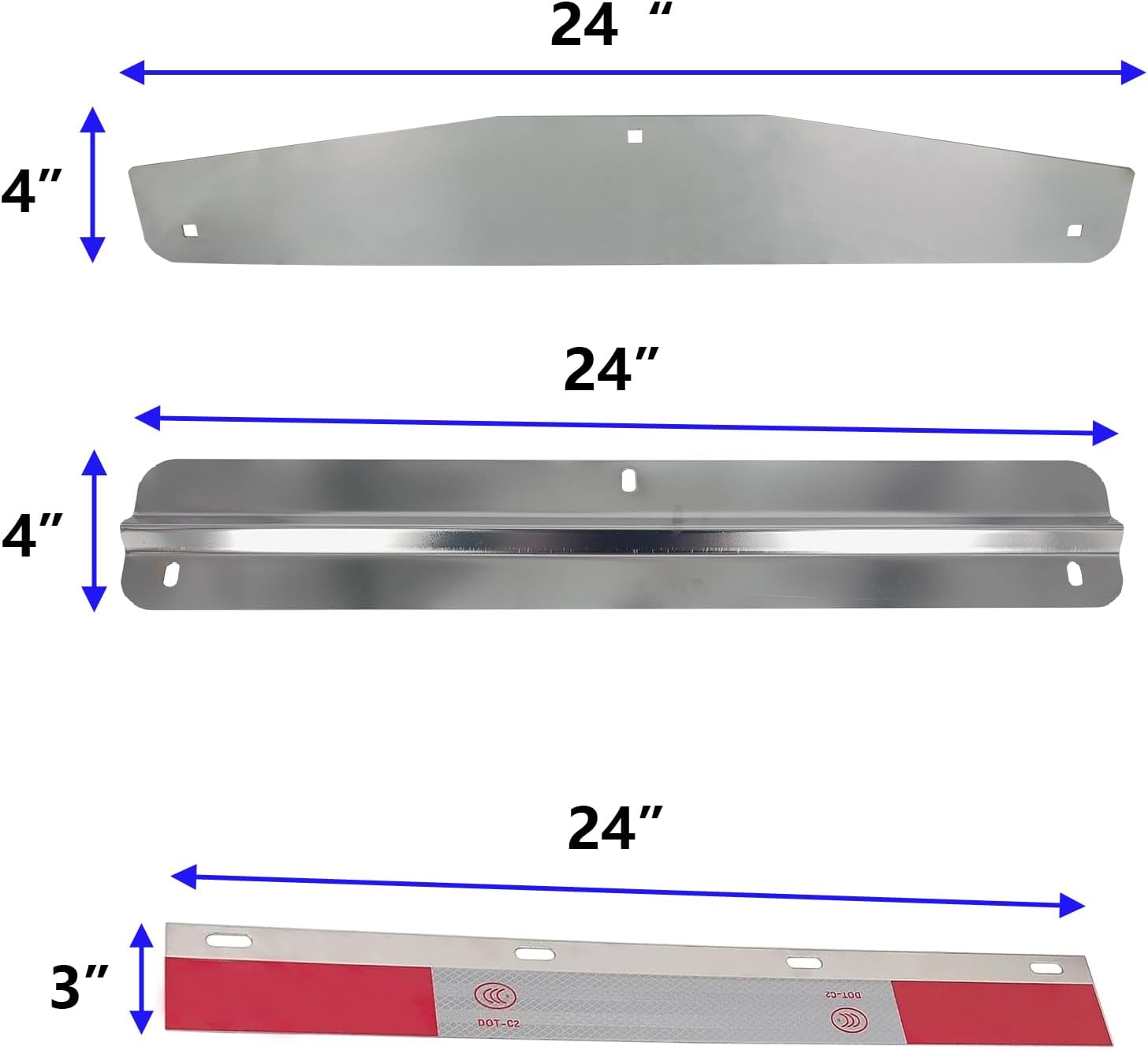 Pair 24" Stainless Steel Mud Flap Weights and Backing Plate 4 Pack with Aluminum Reflectors for Semi Trucks Trailers