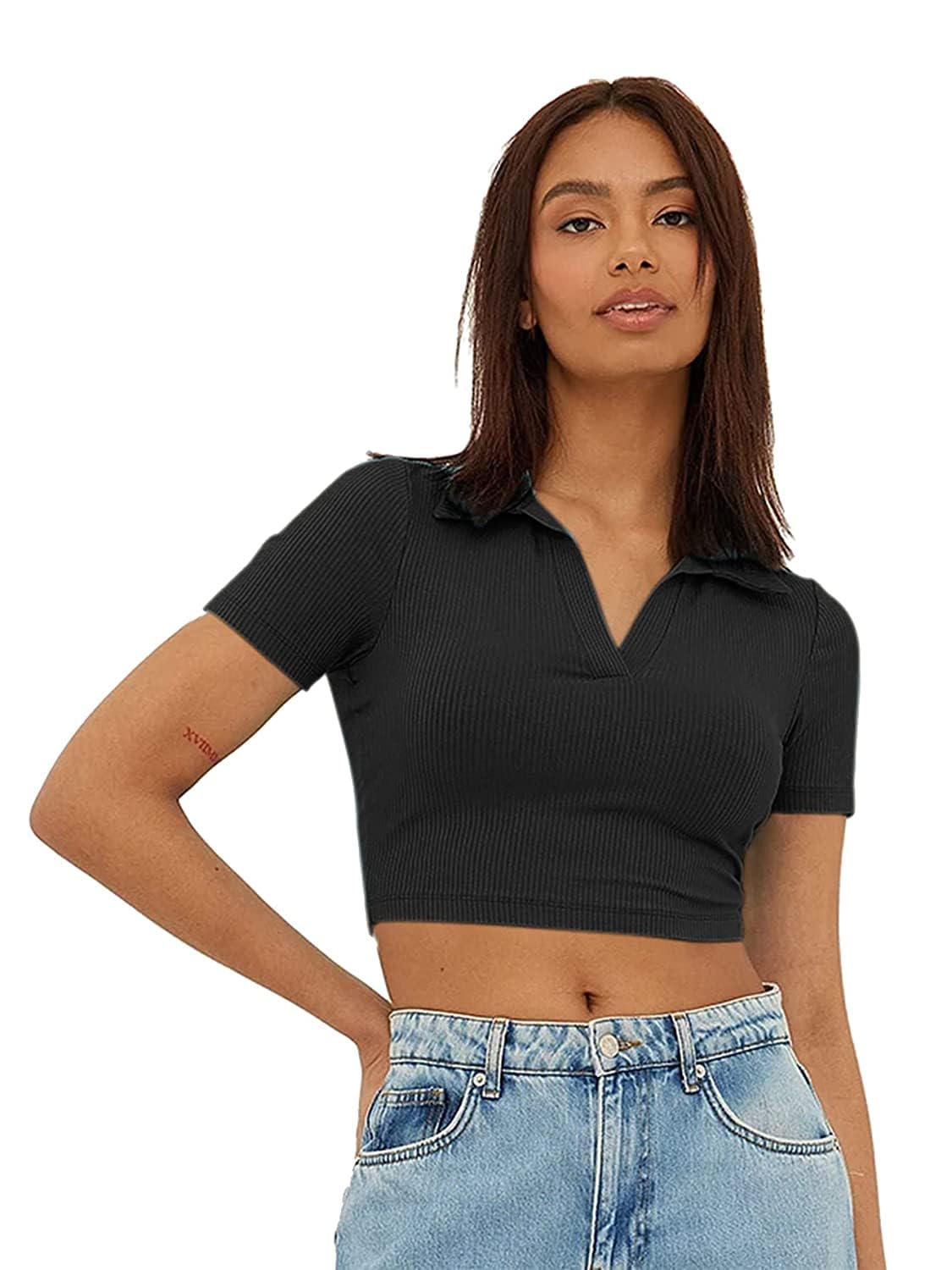 r lon RZLECORT Ribbed Polo Collar Half Sleeves Tops for Women/Girls (Large)-picture-50