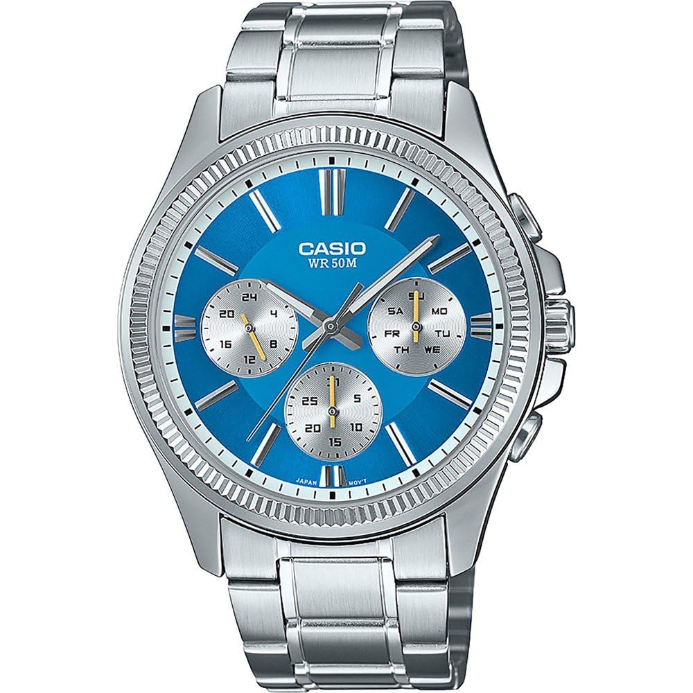 CASIO Quarzuhr Timeless Collection – Datums- und Wochentagsanzeige, Edelstahlgehäuse, blaues Zifferblatt
