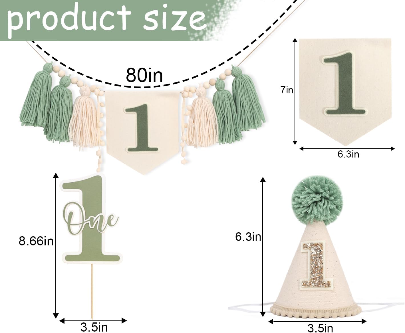 Green 1st Birthday Decoration Set - Wild One Tassel High Chair Banner,Green Forest Theme Cake Topper,Jungle Safari First Birthday Hat,Nature Party Decoration Photo Props