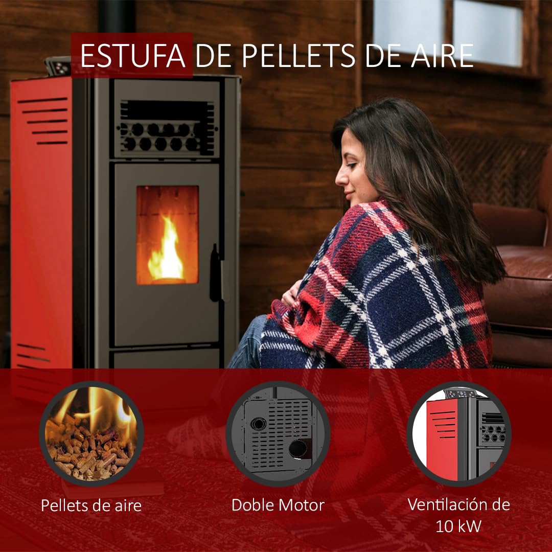 Estufa De Pellets 12Kw | Con Doble Motor Para Hueso De Aceituna Y Biomasa, Tolva de 18Kg | Calefacción en Área de120 m² | Estufa Eléctrica de Pellet, Para Interior, Eficiente Y Silenciosa (Burdeos)