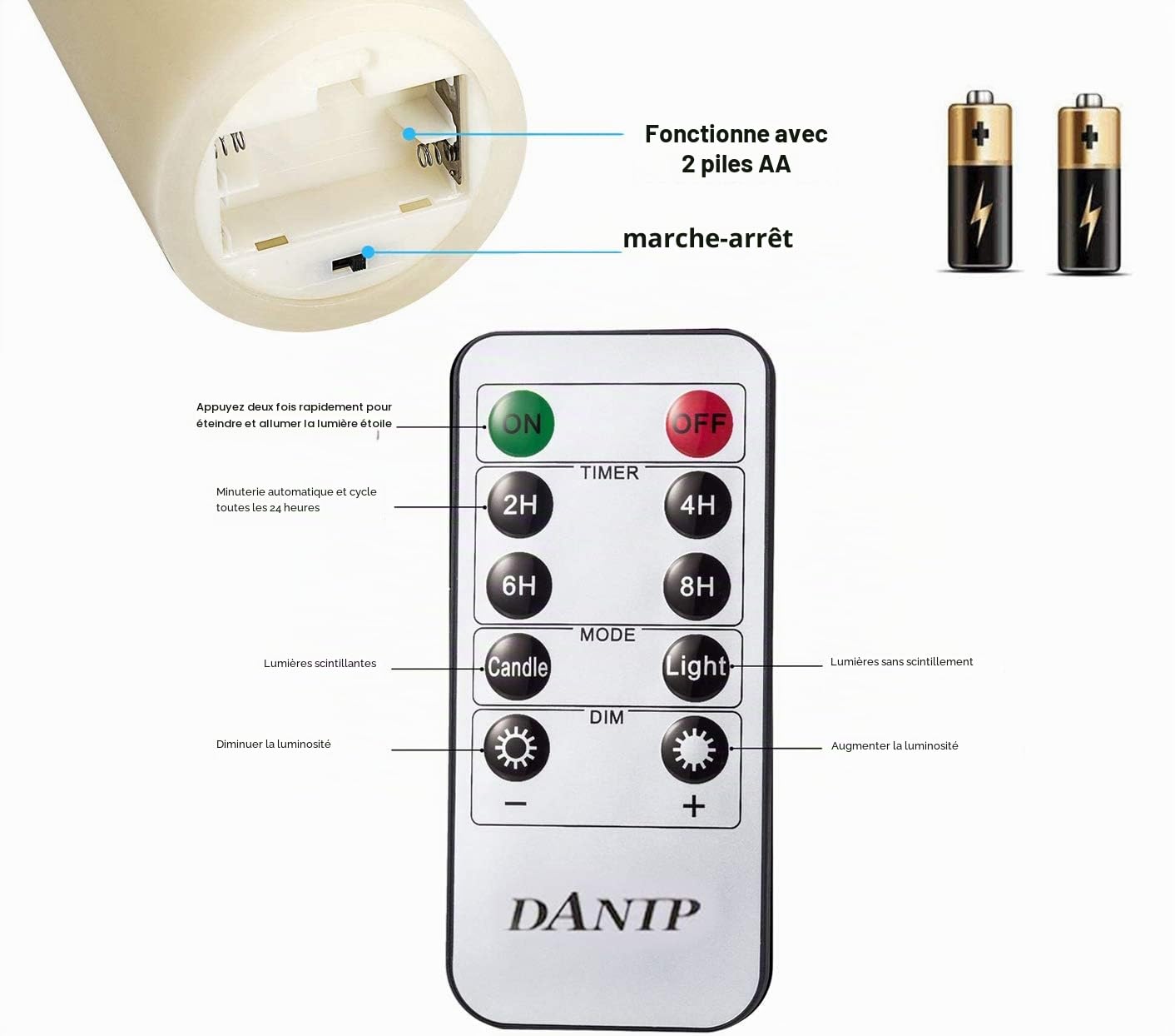 3 bougies LED avec guirlandes lumineuses avec télécommande ont une fonction de minuterie de 24 heures, saut de flamme, vraie cire et alimentation par batterie.