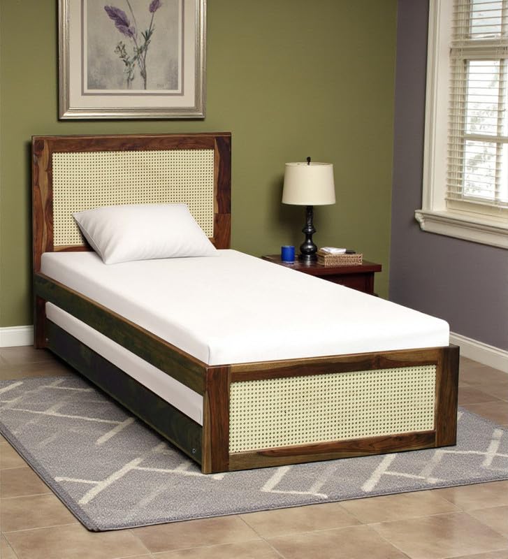 Image of Solid Sheesham Wood Jaipori Single Size Trundle Bed with 1 Extra Pullout Bed | Wooden Single Bed Cot Palang Furniture for Bedroom Living Room Home and Hotel (Provincial Teak Finish)