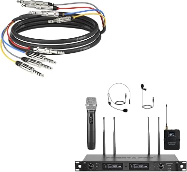 Phenyx Pro True Diversity Wireless Mic System PTU-2U-1H1B Bundle with 10Ft TRS Snake Cable PCBL-QR4IN1-10