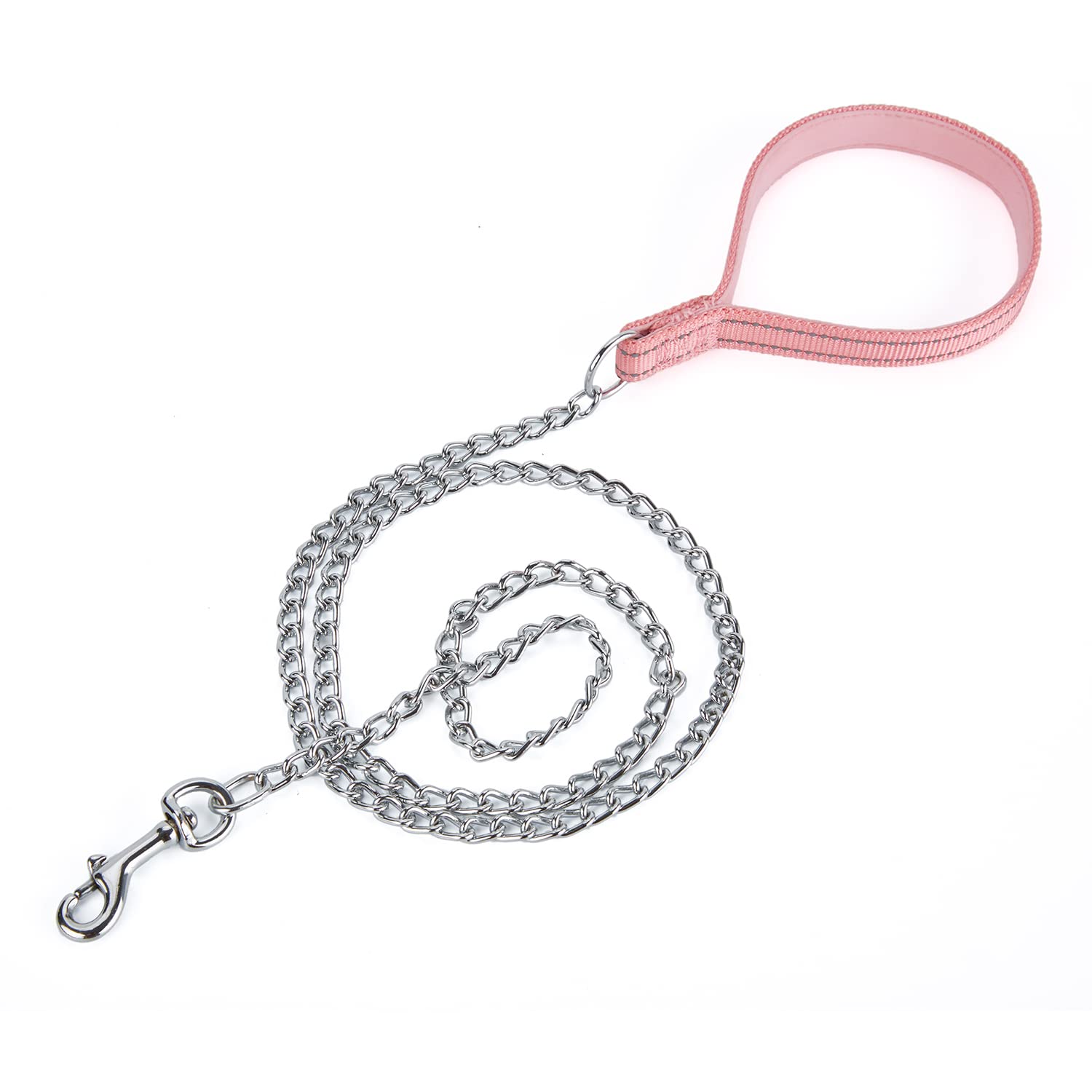 PetiryChew Proof Metal Chain Leash,Nylon Handle with Soft Neoprene Padding and Reflective Stripe for Small Dogs.(S, Pink)