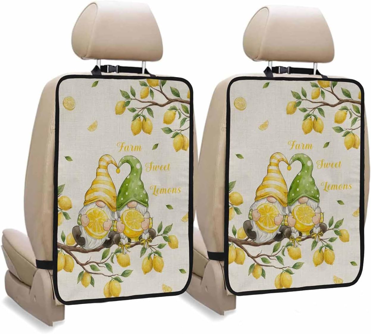T&H XHome Car Seat Protector, 2 Pack Kick Mats Back Seat Protector Summer Gnome Farm Lemon Tree Linen Waterproof Backseat Cover for Kids Universal Fit Automotive Interior Protectors