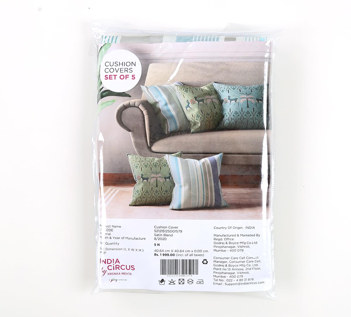 India Circus by Krsnaa Mehta Geometrical Deer's Multicolor Satin Blend Cushion Pillow Covers Set of 5 (16 x 16 Inches) 110 TC 3