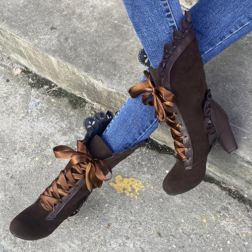 Victorian Boots For Women 2025 Chunky Heels Lace up Cute Cosplay Costumes Witch Medieval Renaissance Mid-Calf Goth Boot Vintage Dance Kawaii Lolita Shoes3