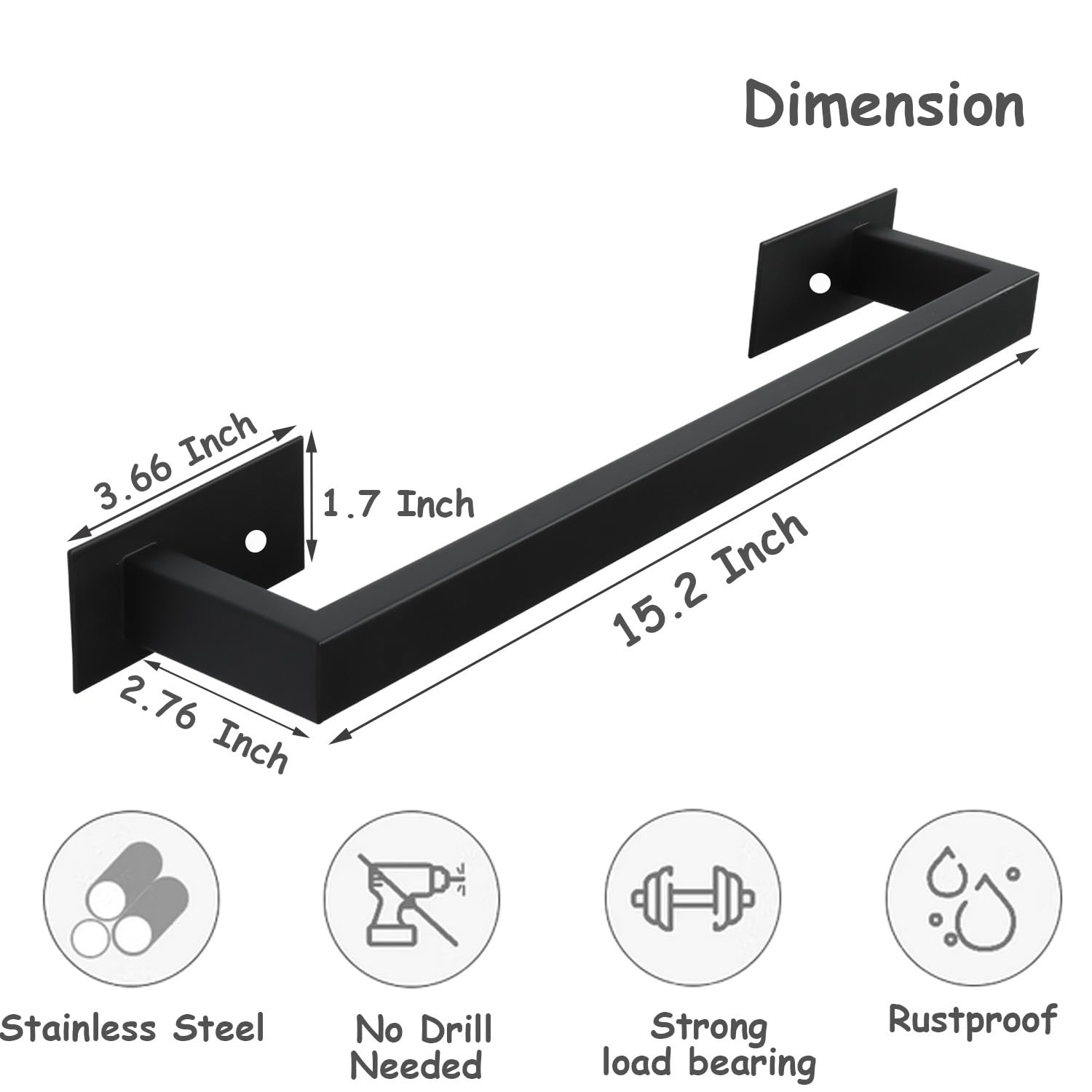 Barre Porte-serviettes Adhésive Vanloory Sans Perçage - Acier Inoxydable Noir Mat 40,6 Cm - Pour Salle De Bain, Cuisine