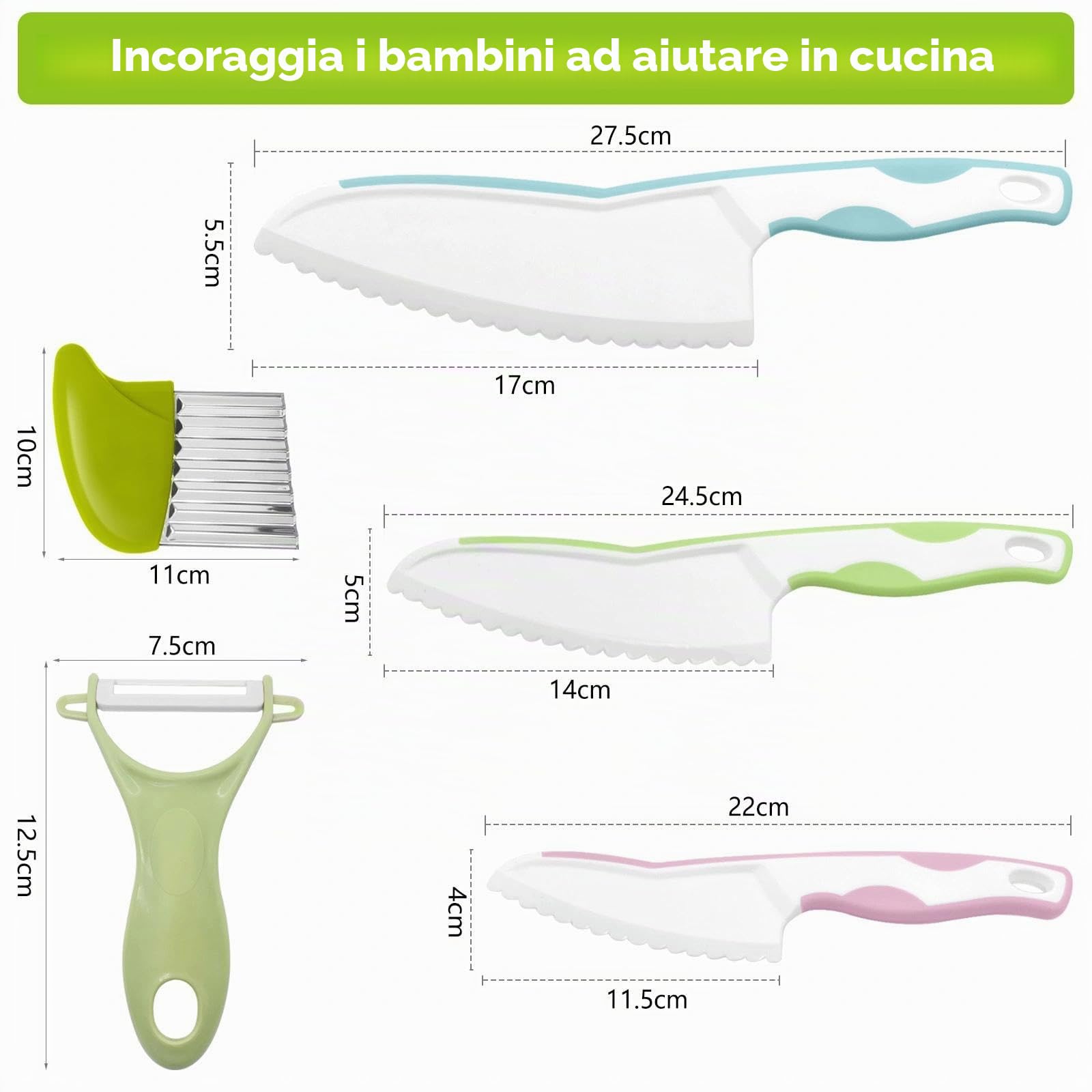 Set di Coltello da Cucina per Bambini - 5 Pezzi Coltelli di Sicurezza per Bambini, Reale Set Cucina per Tagliare Frutta e Verdura, Ideale per Cucina in Casa