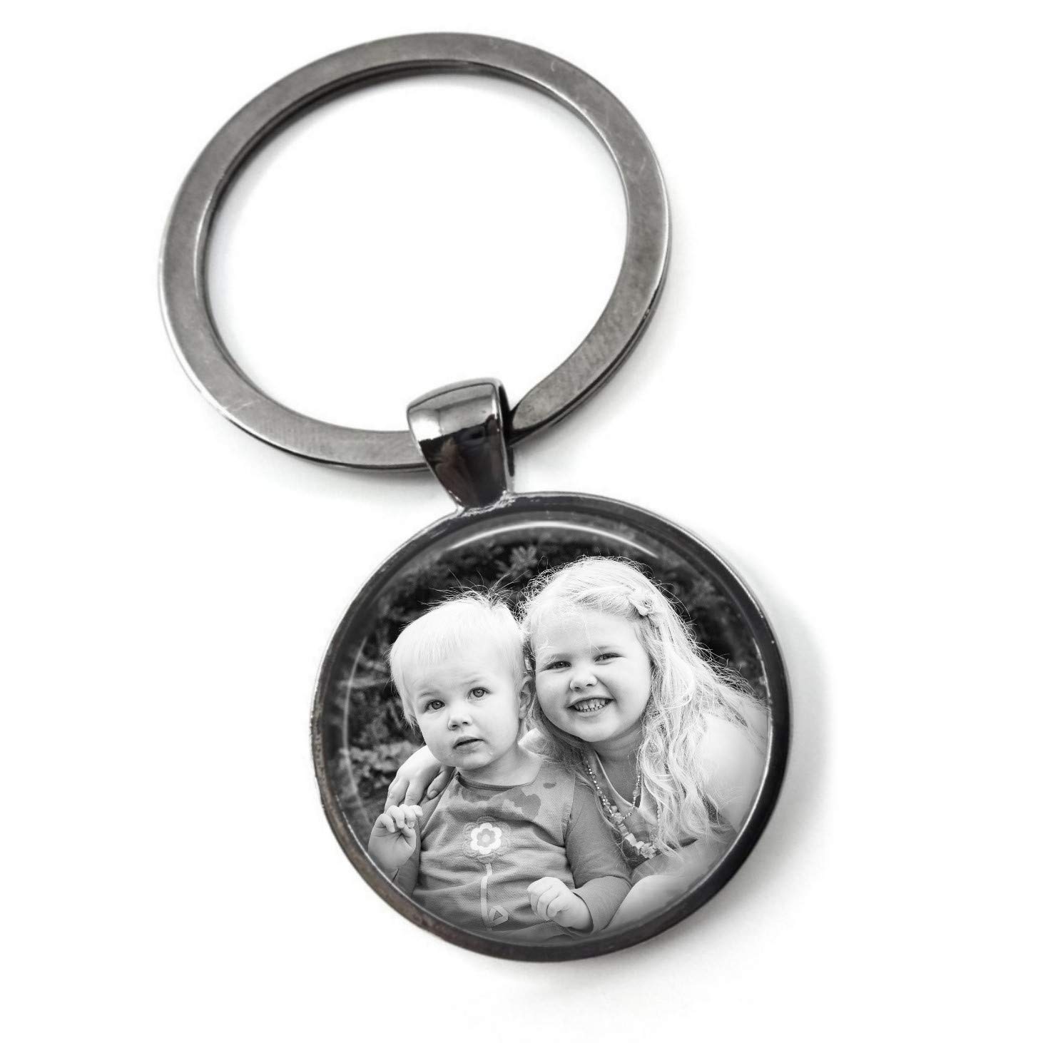 Little Gem Girl Custom Glass Dome Key Chain Personalized with Your Photo – Upload your Picture in 4 Metal Finishes (Gunmetal Keychain)