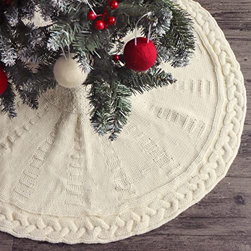 Limbridge Knitted Christmas Tree Skirt, 36 Inches Cable Knit Edge, Rustic Heavy Yarn Tree Skirts For Xmas Decor Holiday Decoration, Cream White #TOP23