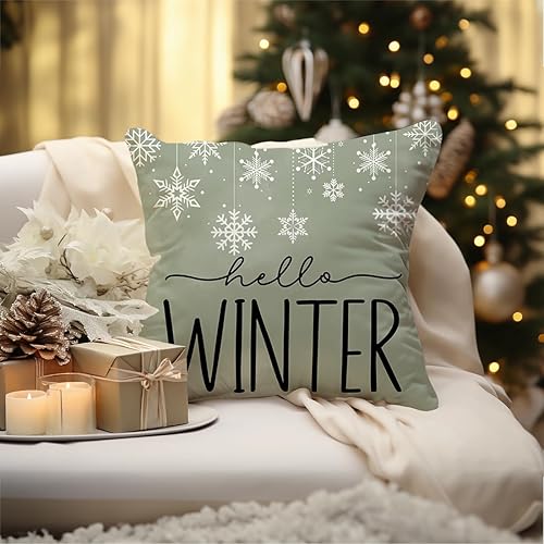 Miniatura 5 de Juego de 4 fundas de almohada de Navidad de 18 x 18 pulgadas, diseño de copo de nieve, Ho Ho Ho, Santa muñeco de nieve, alegría, hola, invierno,