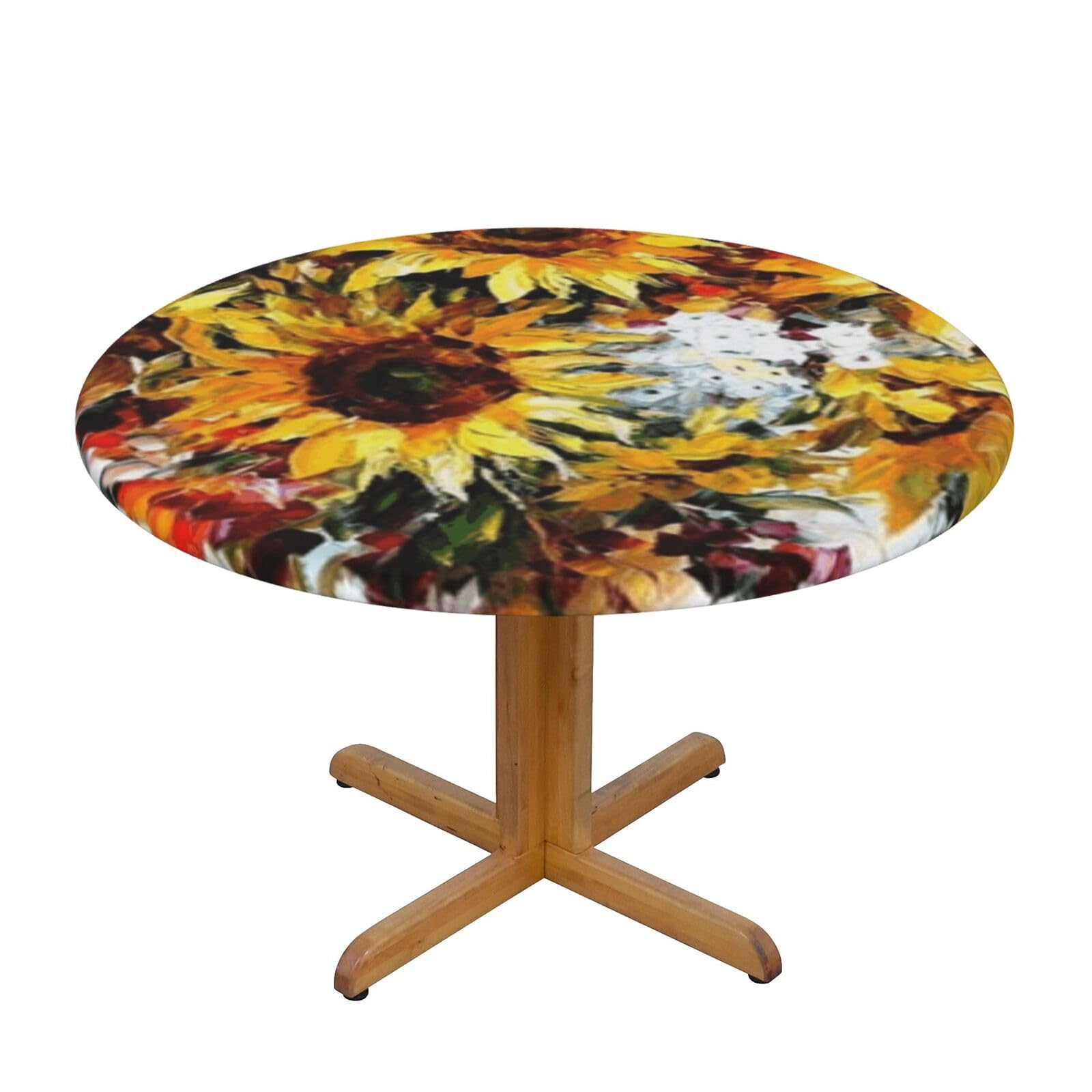 Ffshkowe Oil Painting Sunflower Elastic Round Tablecloth Oil Proof Table Cover For Dining Party Picnic