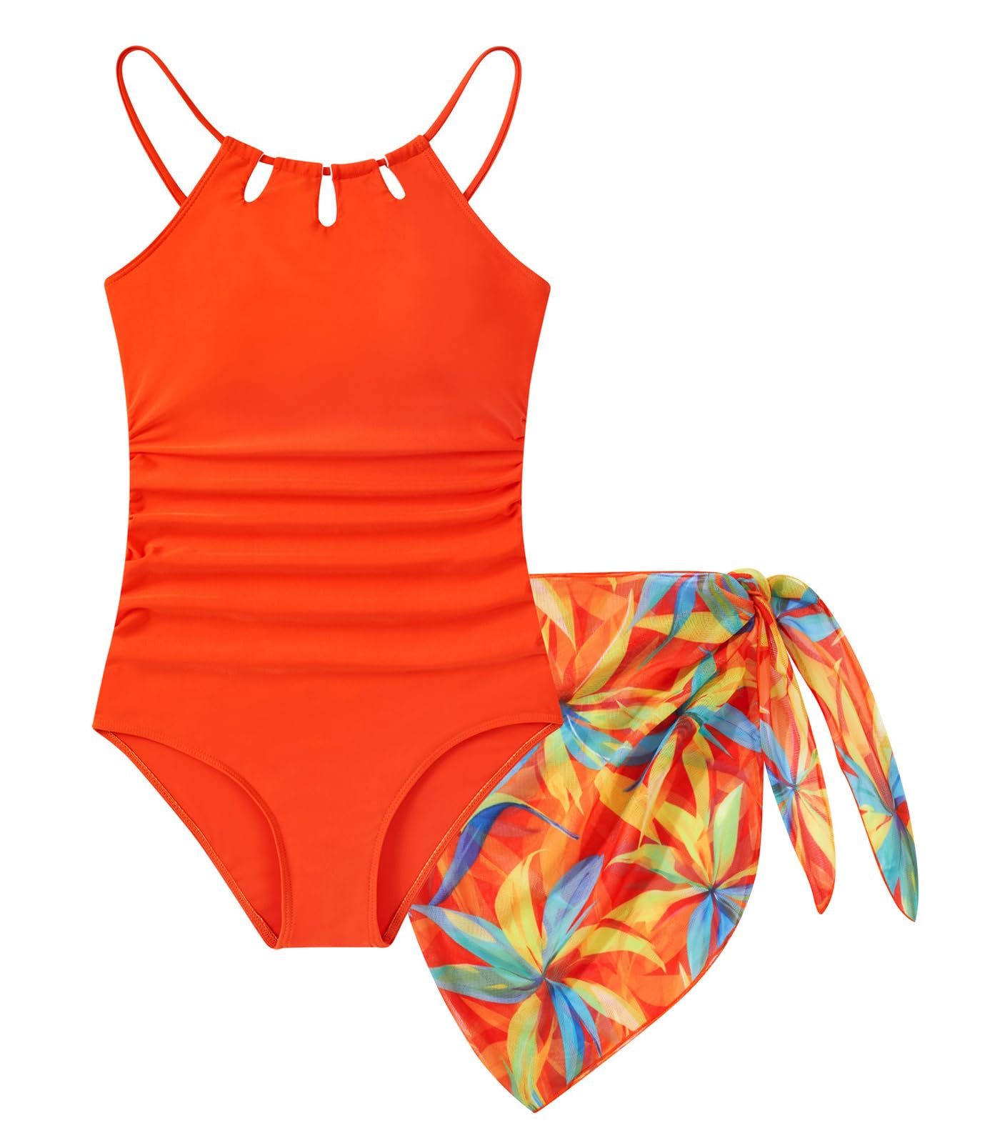 Girls One-Piece Swimsuit Bathing Suit with Cover Ups Size 7-16 | Adjustable spaghetti straps,Cut-out design, Removable chest pads, Swimwear for the beach, swimming pool, Hawaiian vacation