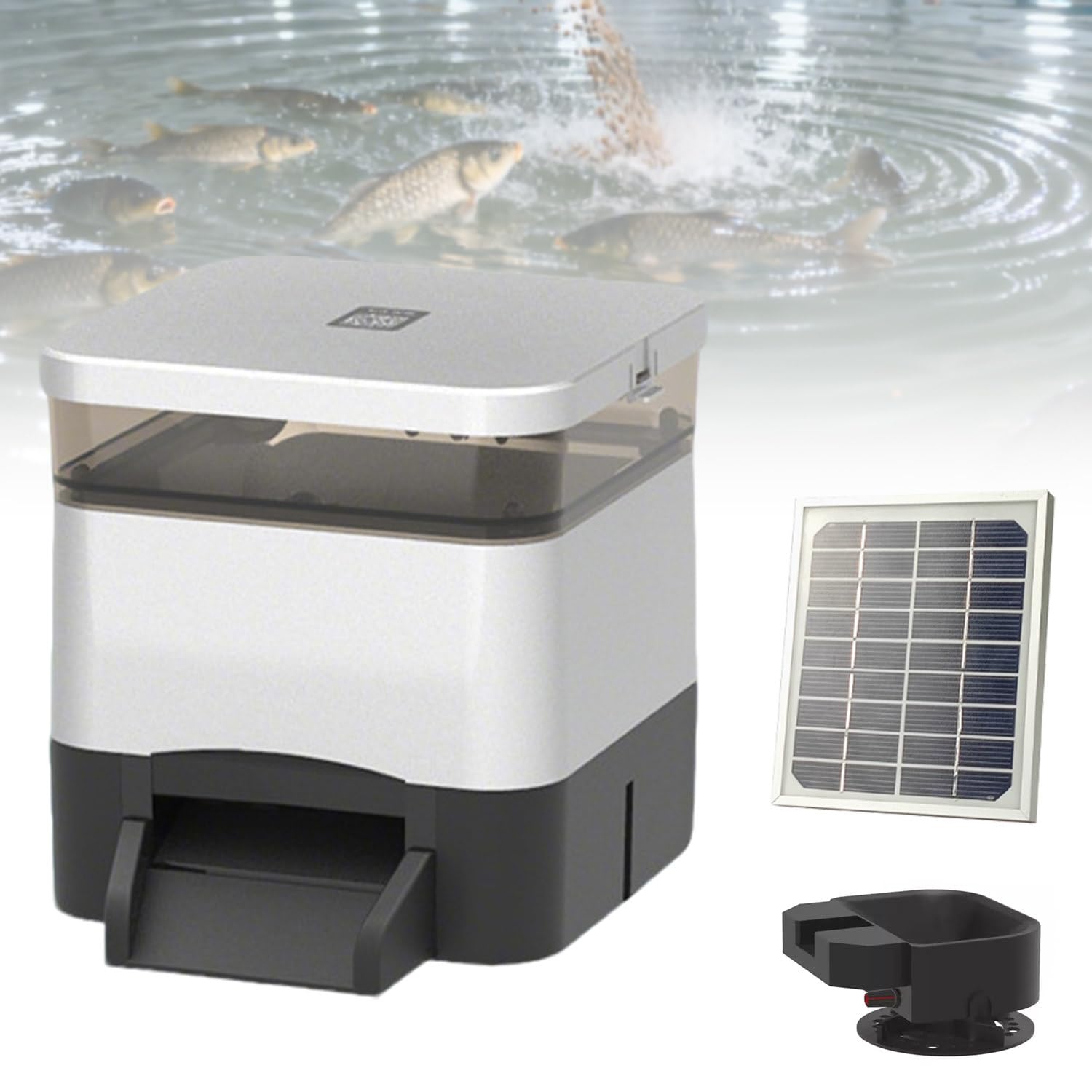 Alimentatore per pesci da laghetto, automatico e a energia solare (4L/10L/20L), grande capacità, con meccanismo di lancio del mangime; supporta il controllo remoto tramite app mobile Silver-4L