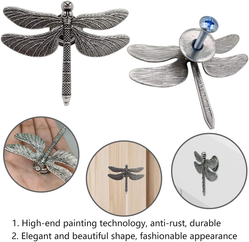 6 Pcs Dragonfly Cabinet Handles, Animal Cabinets Knobs, Drawer Knob, Single Hole Pull for Home Bedroom Kitchen Drawers Dressers Wardrobes Closets Cupboard, Decorative Furniture Hardware (Ancient Tin)