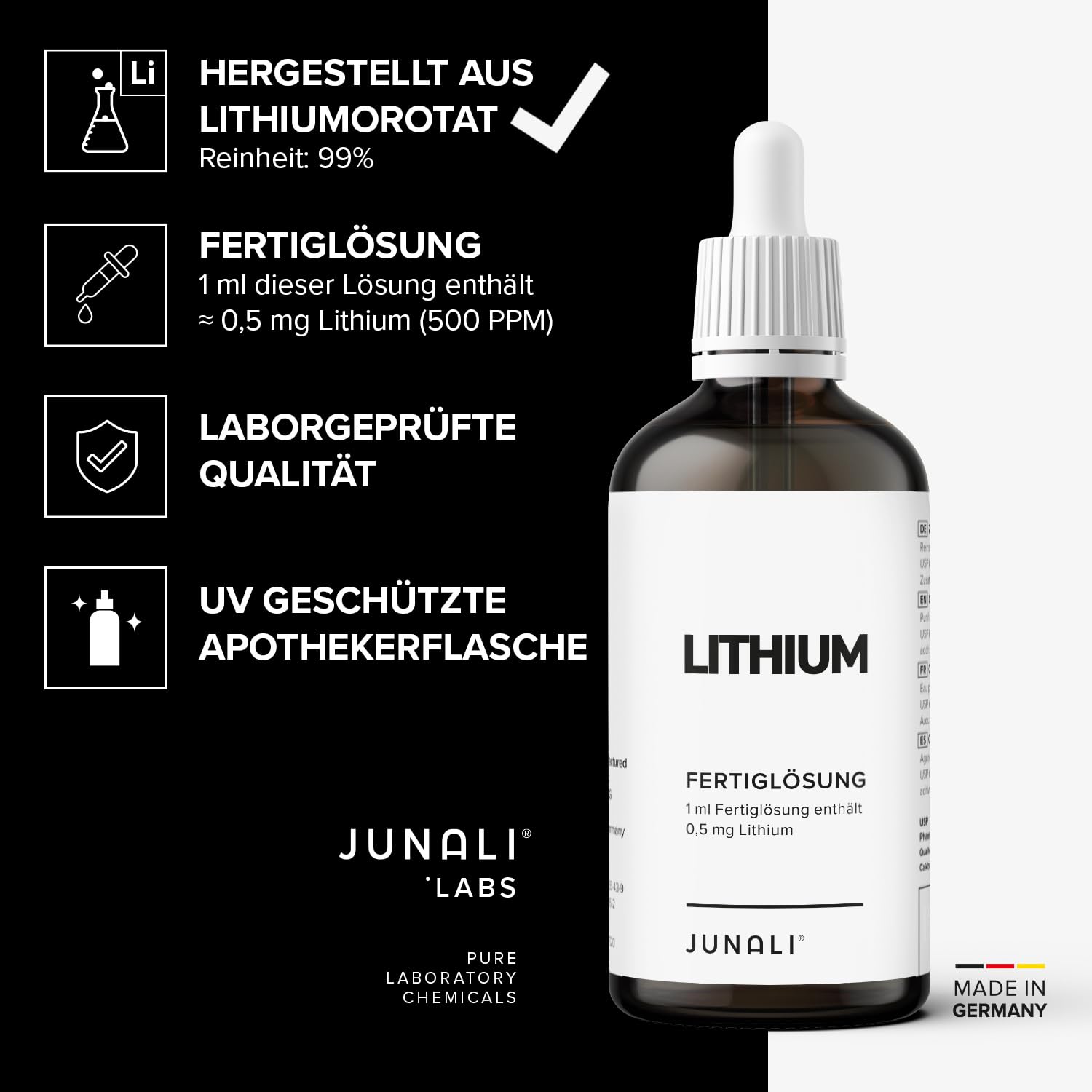JUNALI® Litio, soluzione di litio puro (purezza: > 98,5%) e acqua pura, 1 ml di soluzione preriempita contiene 0,5 mg di litio = 500 ppm, 2 x 100 ml – Made in Germany