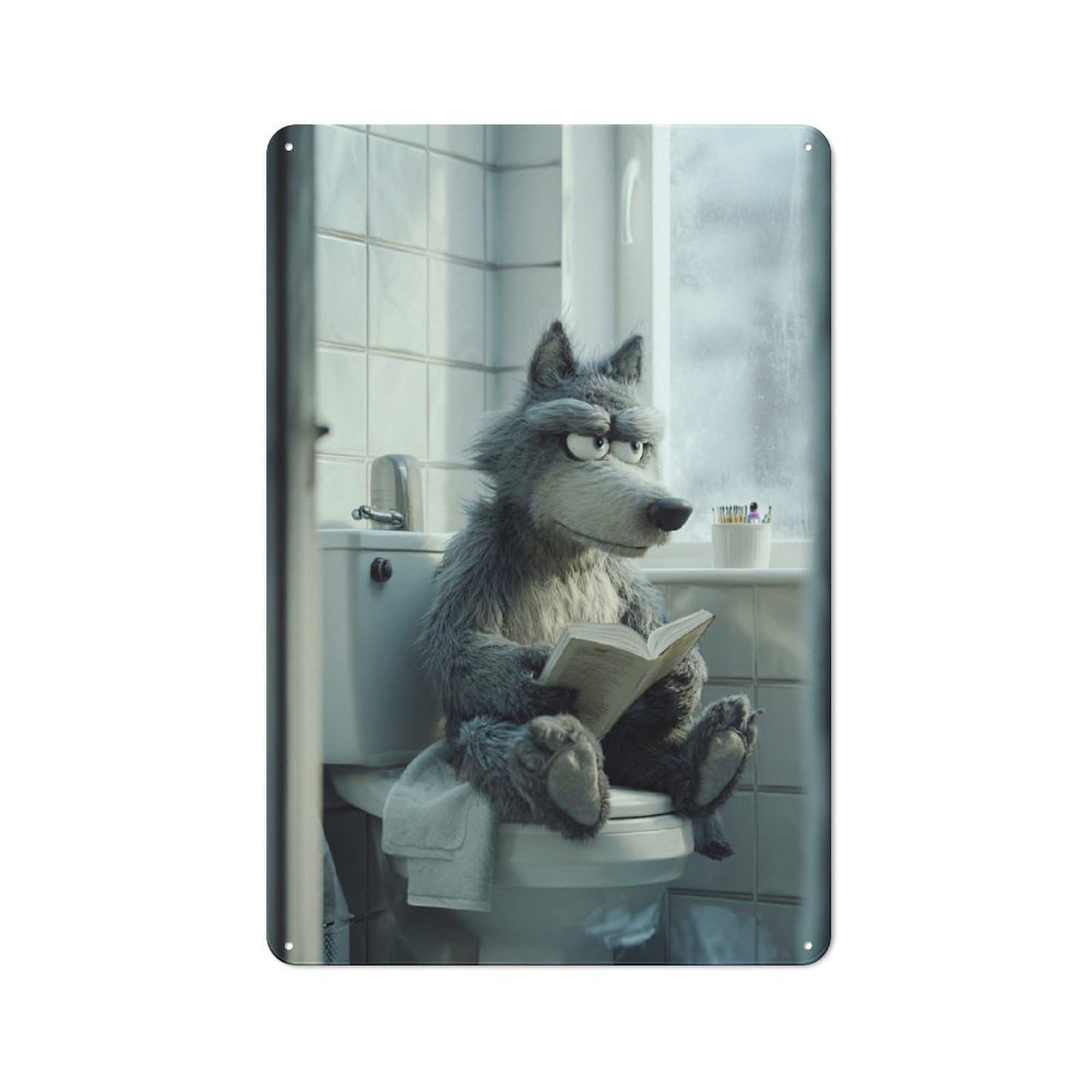 Wolf Reading on The Toilet Retro Metal Sign 30x20cm for Living Room Or Hallway, for Updating Living Room And Hallway after Moving