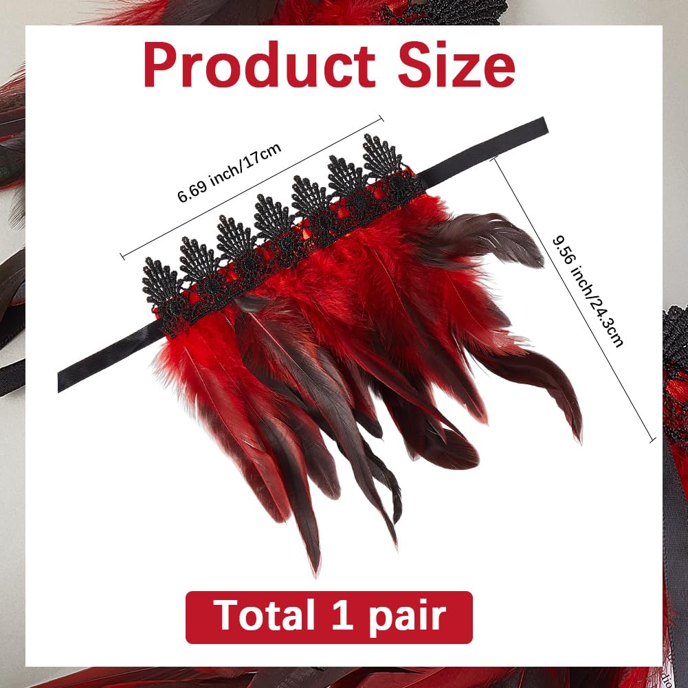 CABODYALS 1 Pair Red Feather Wrist Cuffs Novelty Lace Gloves Floral Angel Wings Bracelets Gothic Mesh Wristband Swan Witch Arm Sleeve for Women Cosplay Halloween Party Performances Costume Accessories - Image 2