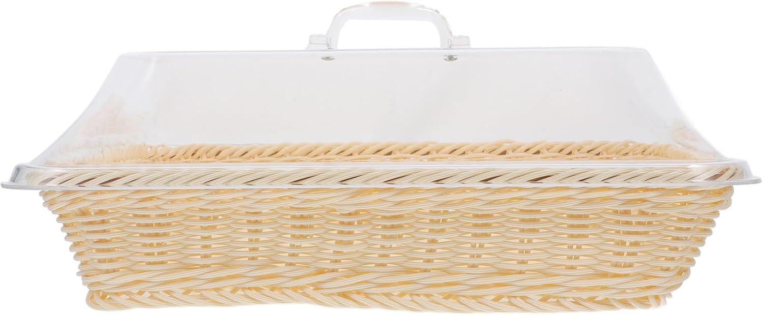Woven Bread and Fruit Basket with Lid, 35x25x15cm Plastic Imitation Rattan Food Cover for Kitchen Counter, Snack and Vegetable Storage, Serving Basket