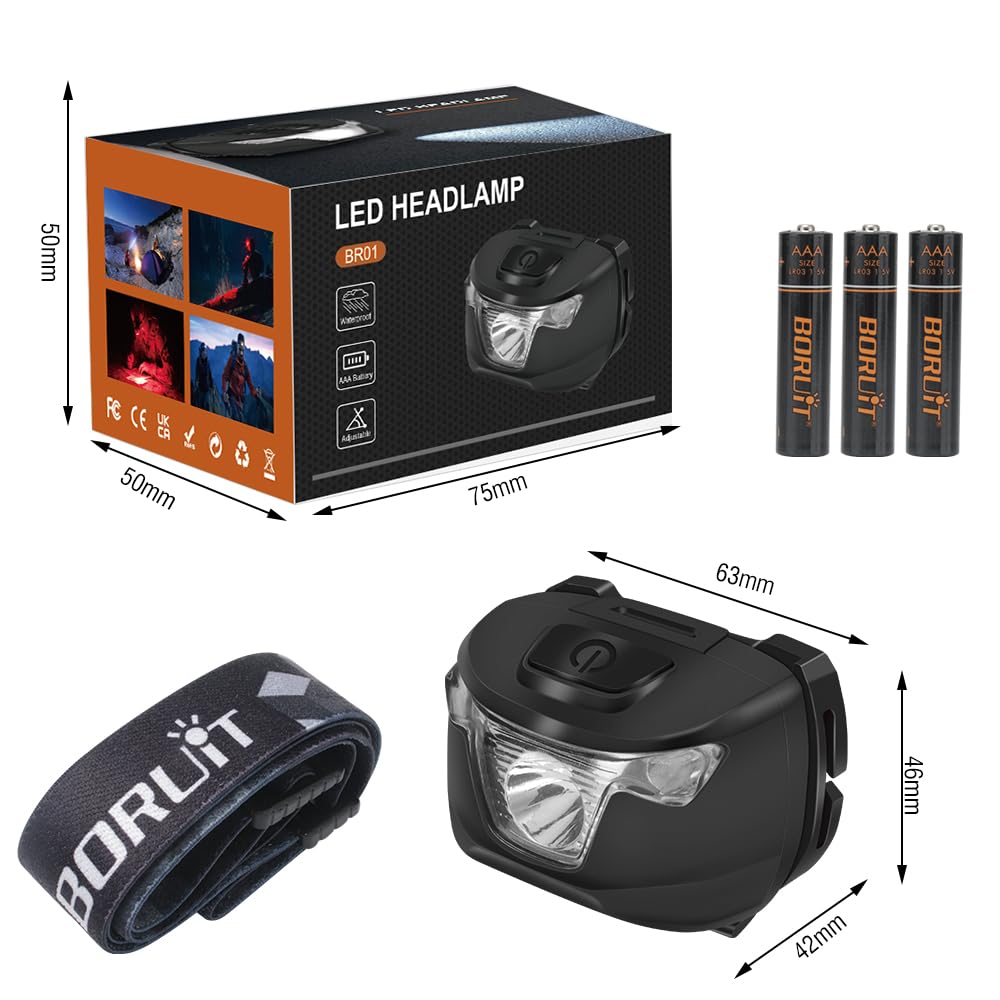 BORUIT BR01 Linterna Frontal LED con Luz Roja y Blanca, Linterna de Cabeza con Pilas AAA, 4 Modos, IP66 Impermeable, Luz Frontal Ajustable para Running, Camping, Pesca y Emergencia