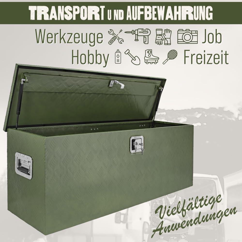 Trucky Deichselbox Grün Werkzeugkasten Truckbox Alu Box Anhänger Kiste mit Deckel Abschließbar Alubox Transportbox Werkzeugbox Aluminium Aufbewahrungsbox D210