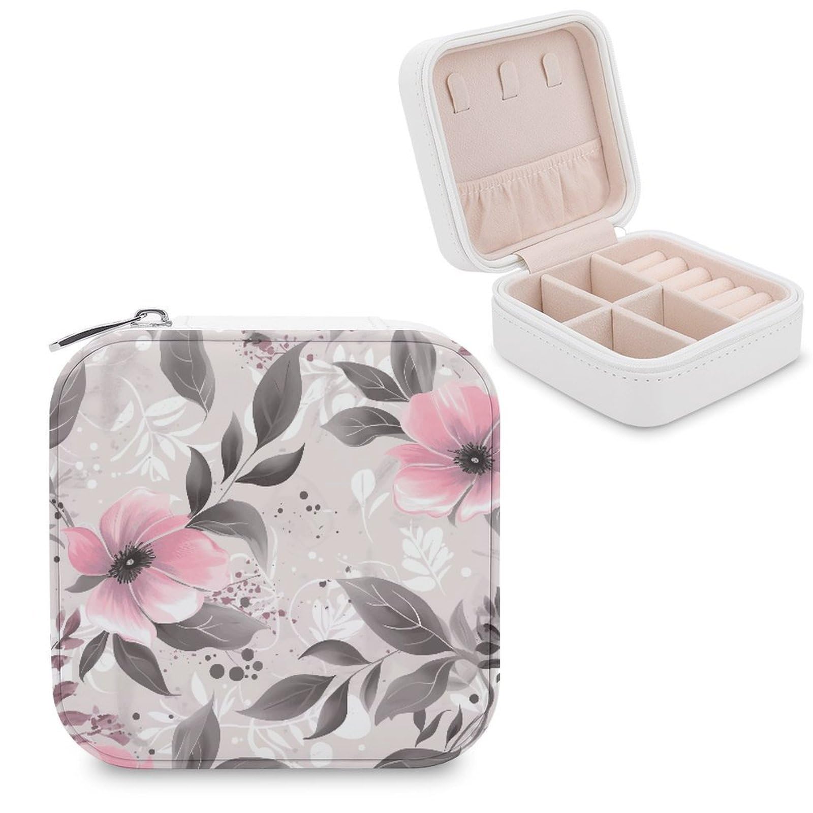 VstaDank Pink Flowers And Leaves on Gray Jewelry Box Beautiful Portable Ring Boxes Cute Large-Capacity Jewelry Case Jewelry Organizer for Mothers Gifts for Earrings Rings Hand Bracelet