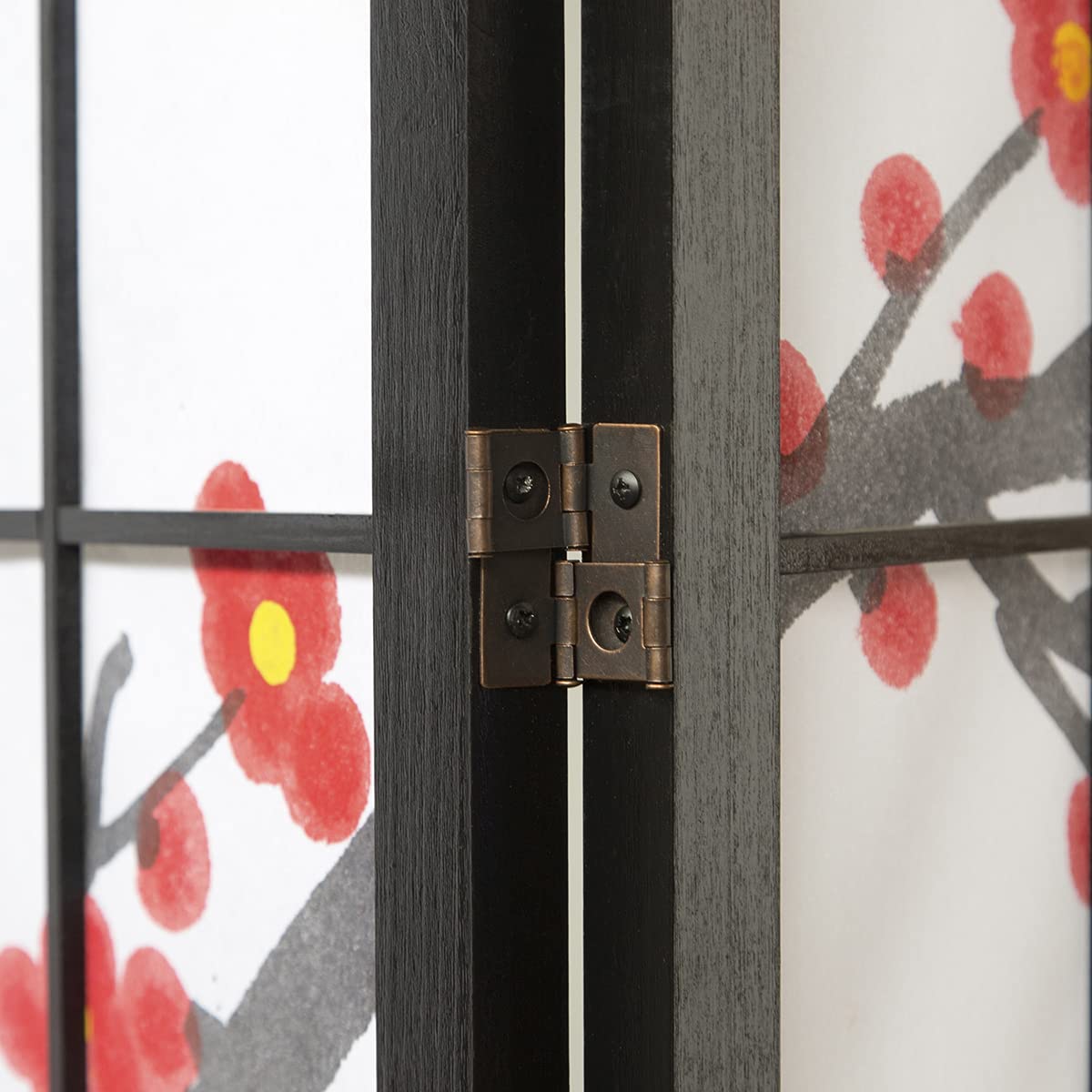 Paravent Japonais Fleur de Cerisier en Bois Noir de 4 pans, L176 x H175 x P2 cm -PEGANE-