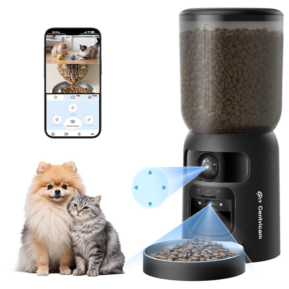Automatic Cat Feeder with Dual 2K Camera, 5G WiFi with Night Vision, Cat Food Dispenser with App Controlled Pet Feeder, 2-Way Audio, Pet Feeder for Vacation & Work, Freshness Seal, Black