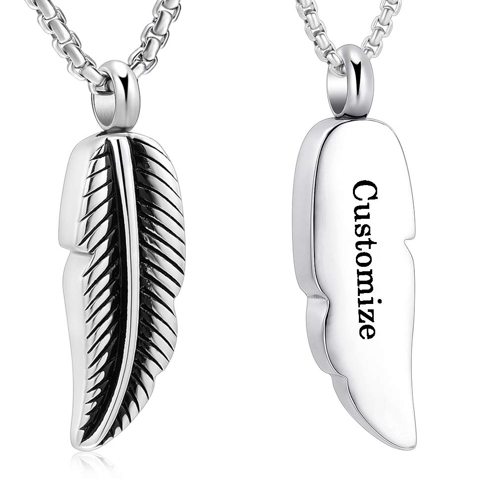 Oinsi Stainless Steel Feather Urn Necklace Hold Cremation Ashes Keepsake Memorial Jewelry +Box+Fill Kits (Customize)