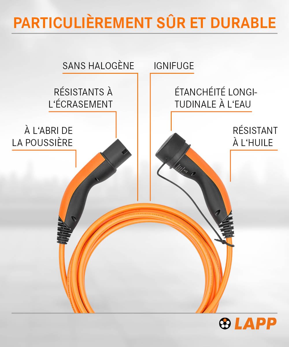 Lapp Mobility Cable Recharge Voiture Électrique 5m Type 2-22kW, 32A, Mode 3 - Câble de Recharge Type 2, Chargeur de véhicule électrique, Résistant à l'eau IP55, Fabriqué en Allemagne - 5m Orange