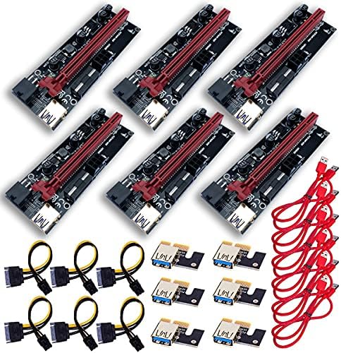 Cryptoshack 6 Pack 009S PCI-E 16x to 1x Riser Adapter Card includes 60cm USB Extension Cable & 6 Pin PCI-E to SATA Power Cable - GPU Riser Molex and PCIE Connector - Ethereum Mining ETH Rig