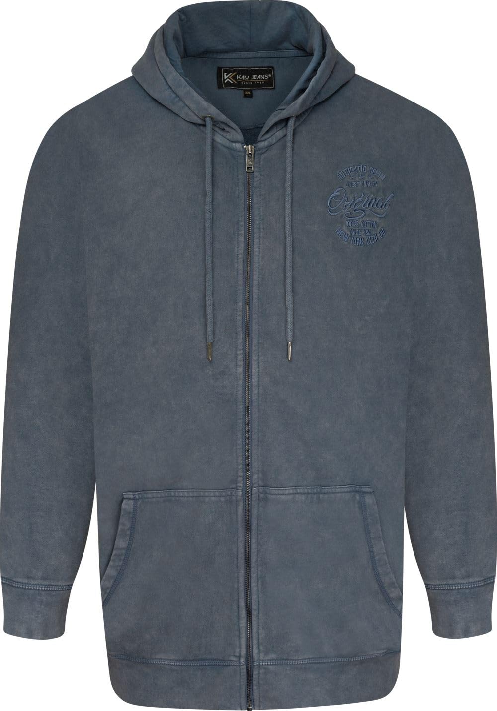 Kam Men's Blue Jeanswear Gart Dye Zip Through Logo Hoodie - 8XL