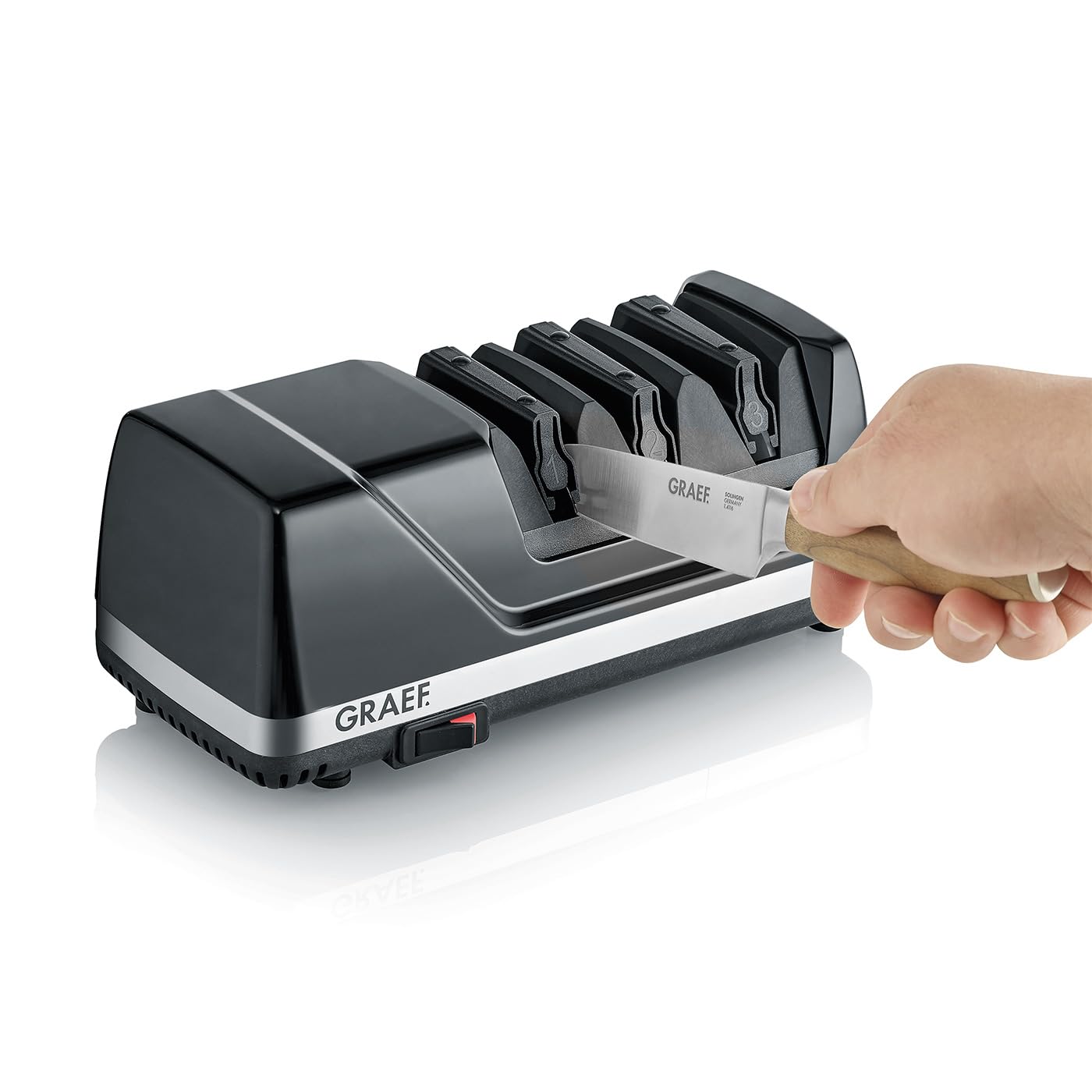 GRAEF CX125 Affilalame elettrico con rivestimento in diamante, 3 livelli, angolo 15°, per coltelli da cucina, caccia, industriali e seghettati, nero