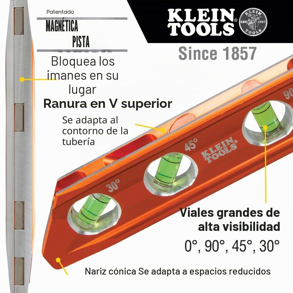 Nivel de torpedo, magnético, 4 viales para doblado de conductos y más con ranura en V y pista magnética Klein Tools 935AB4V