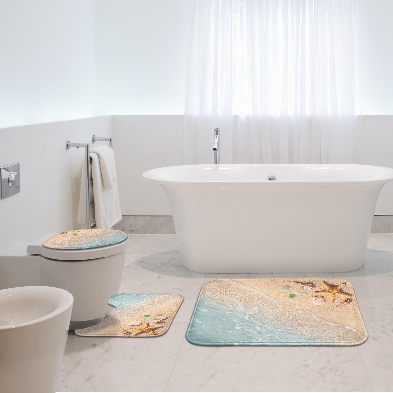 Britimes Lot de 3 grands tapis de bain, motif coquillages, plage | Ocean Summer Lot de 3 tapis de sol lavables sans soie pour cuisine et salle de bain