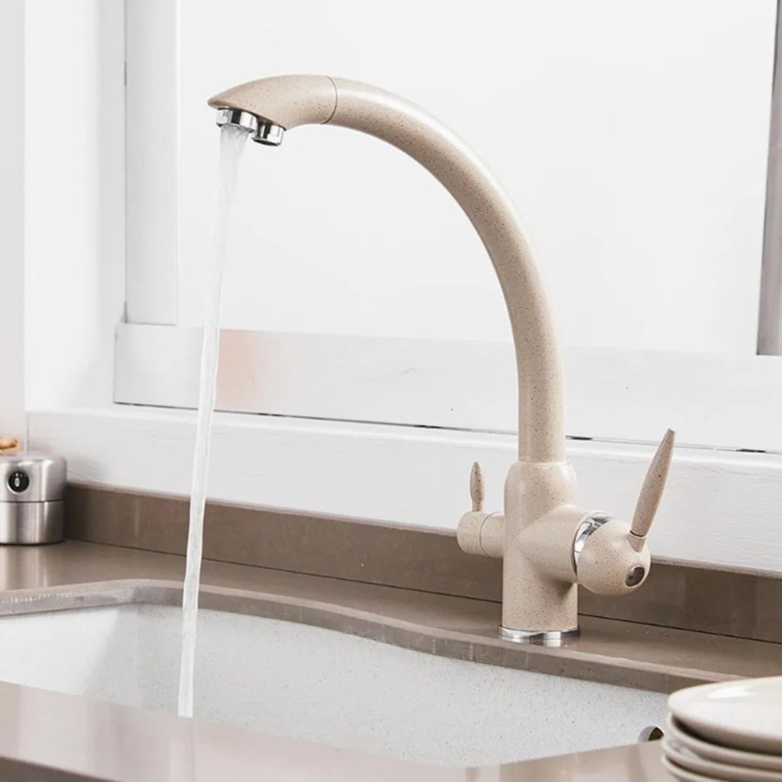 ZYCHSJXA 3 Way Kitchen Mixer Tap Swivel Hot and Cold Pure Water Taps Brass-Oatmeal Color