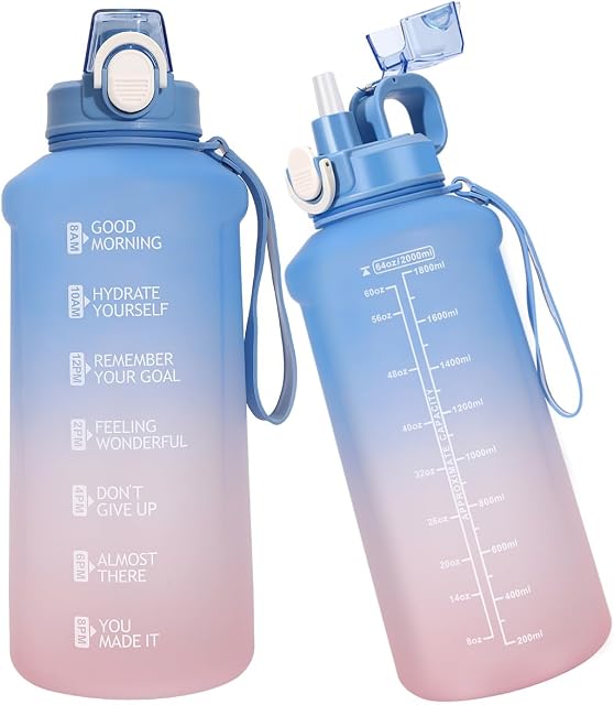 WENLIM 2 Litre Large Water Bottle with Straw, 2L Sport Motivational Drinks Bottle with Time Markings for Fitness Gym and Outdoor Sports