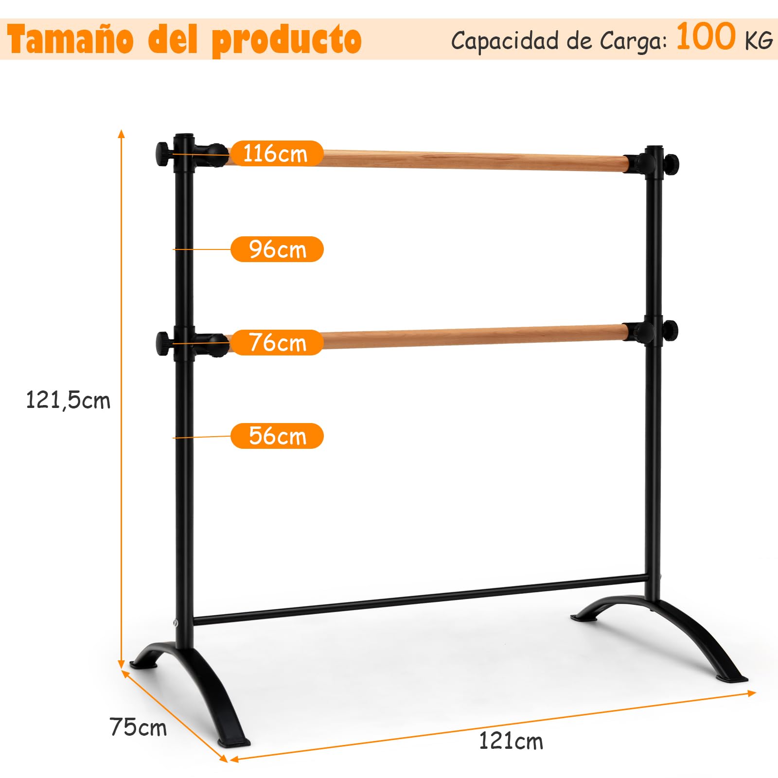 GYMAX Barra de Ballet Independiente de 121 cm, Equipo de Ballet Portátil, Ajustable en Altura para Estiramiento y Entrenamiento de Baile, Soporte para Barra de Ballet para el Hogar, Estudio