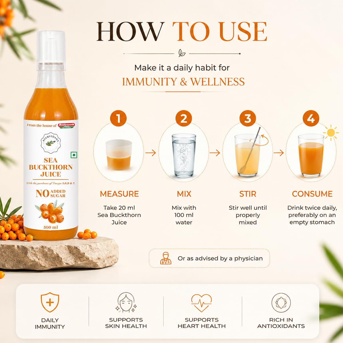 Baidyanath Ayurvedant Himalayan Sea Buckthorn Juice | 99.8% Pulp | Cold-Pressed | 500 ml | Natural Source of Vitamin C, Omega 3, 6, 7 & 9 | Supports Immunity, Skin & Gut Health 4