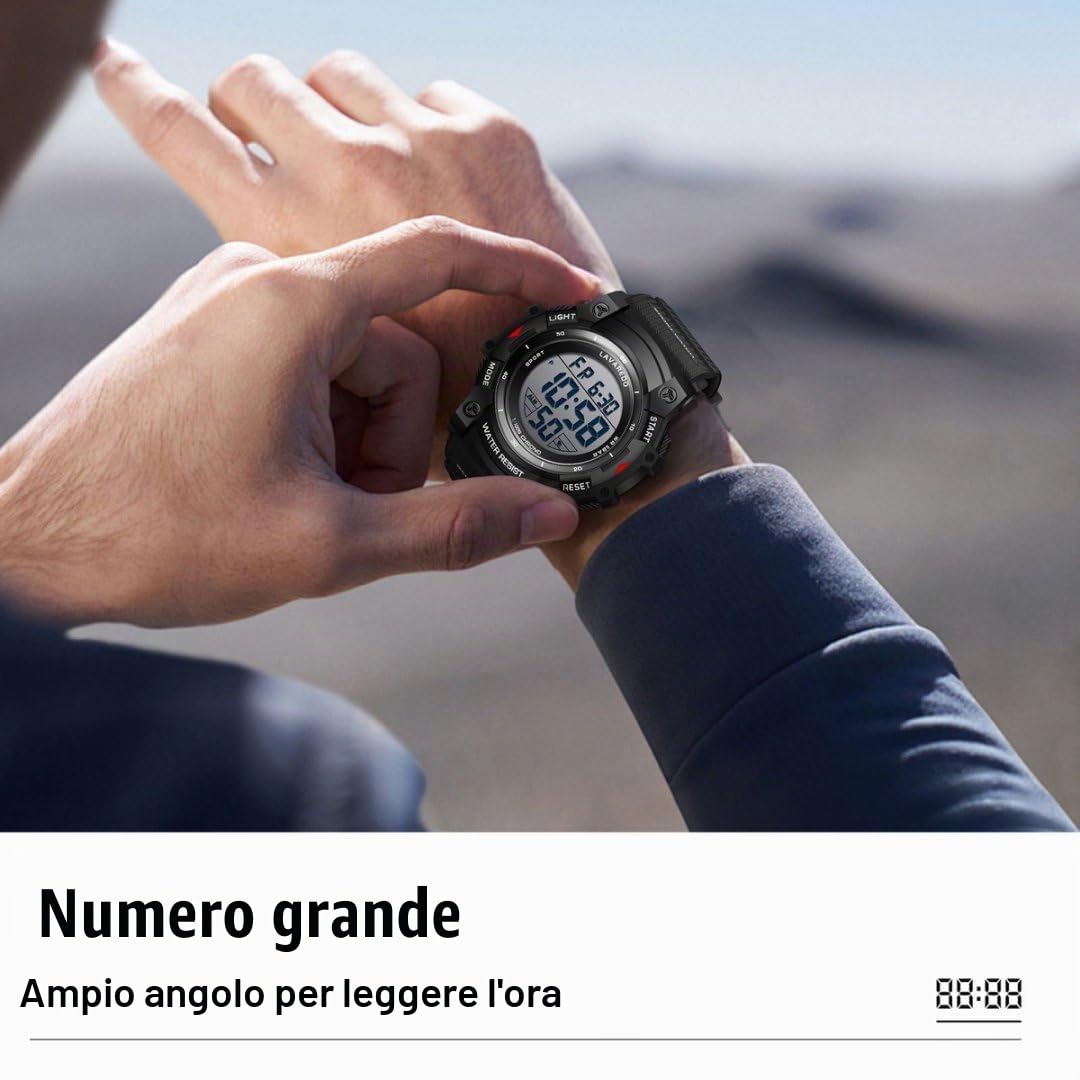 Timever Orologio Digitale Uomo 5 ATM, Silicone, Sveglia e Cronometro | Cinturino in silicone, sveglia, cronometro, data e luce; modello sportivo da uomo resistente all’acqua fino a 5 ATM.