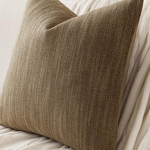 Image of Foindtower Set of 2 Decorative Textured Burlap Linen Throw Pillow Covers Farmhouse Boho Cushion Cover Solid Accent Pillowcase for Couch Sofa Bed Living Room Home Decor,18x18 Inch,Cocoa Brown