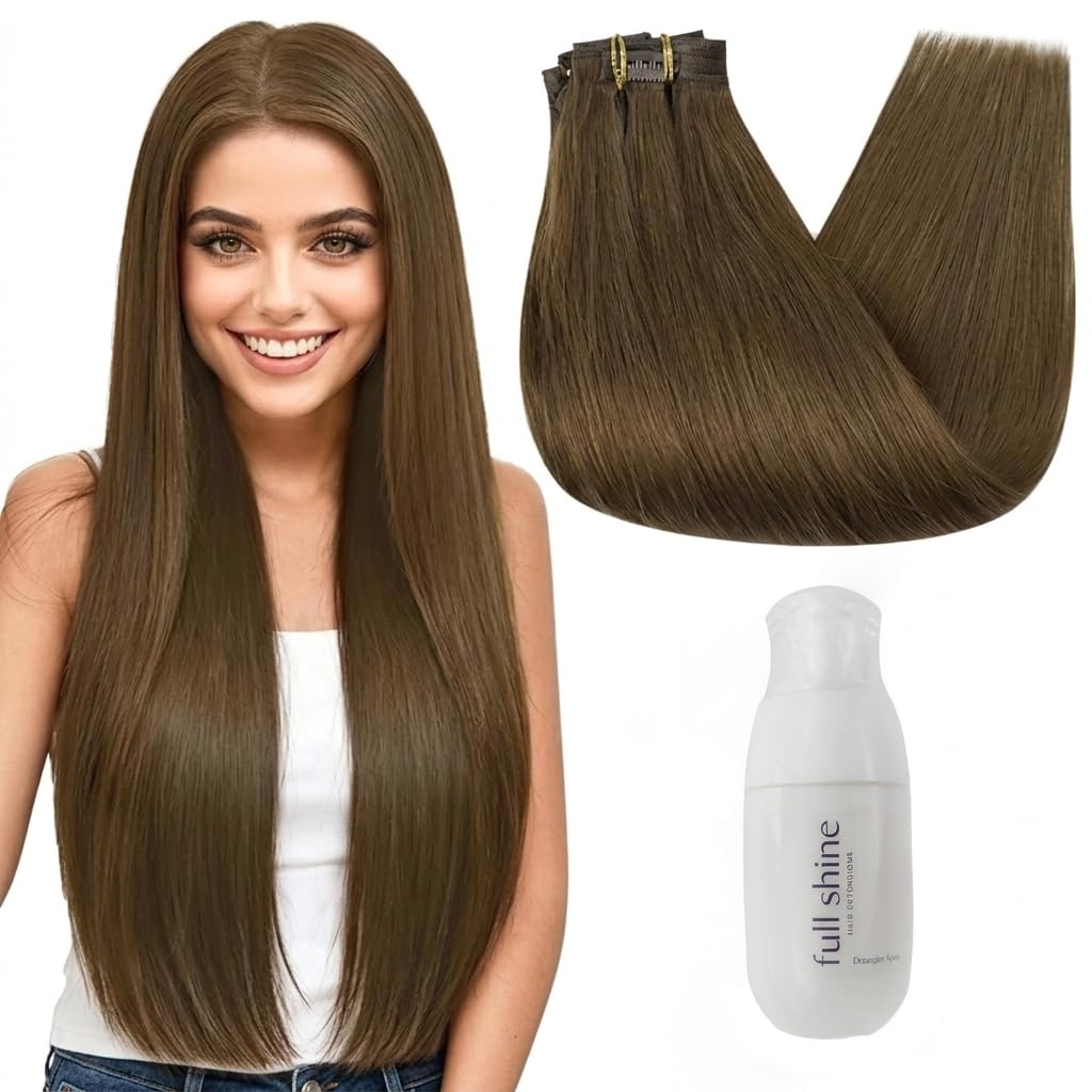 Full Shine Total 2 Packs Detangling Spray & 18 Inch #4 Medium Brown Seamless Clip in Hair Extensions