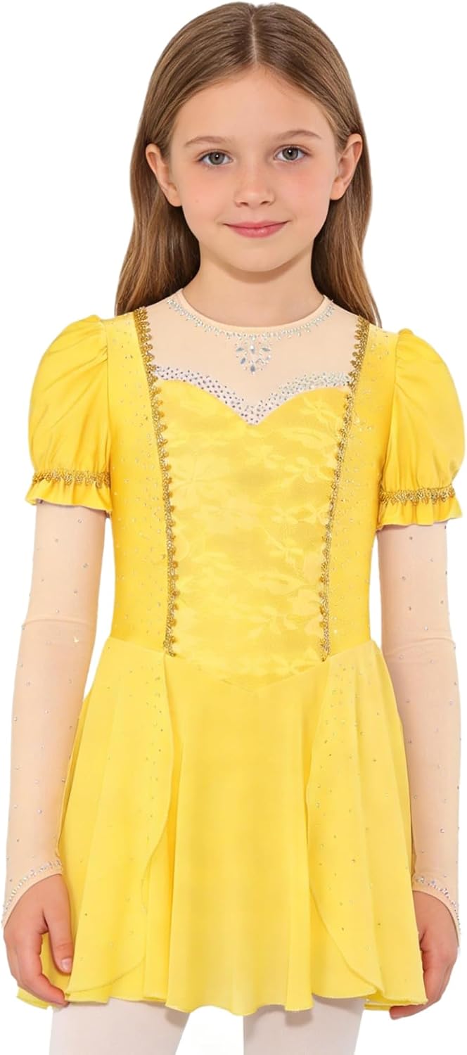 Girls Princess Dance Dress Rhinestones Patchwork Braid Tape Decor Ruffled Chiffon Dress Build in Briefs