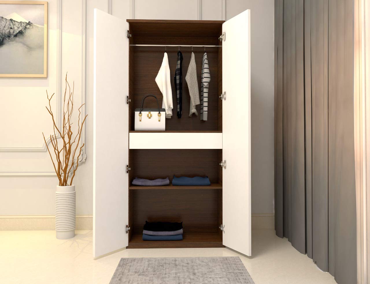 GenericHoneybeehomes Premium Engineered Wood 2 Door Wardrobe (Finish – Natural Walnut with Frosty White)
